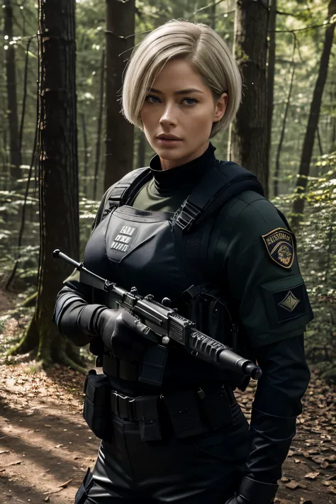 RAW photo of 50 years old Doutzen Kroes, mature woman, masterpiece, best quality, (photorealistic:1.4),  beautiful woman, medium breasts, platinum hair, short short (bob haircut:1.2), wrinkles on the face, Special forces uniforms、Black tactical vest、black ...