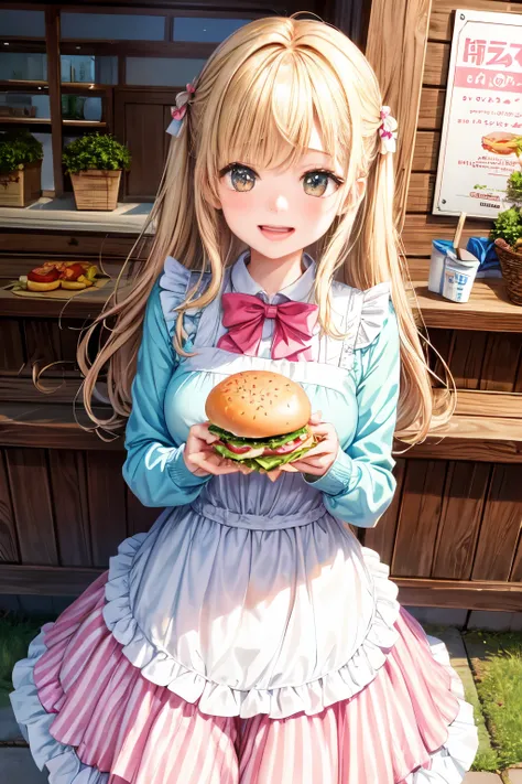 “Craft an illustration in a shoujo manga style, emphasizing emotional expressions and a touch of whimsy. Feature a feminine girl in a cute outfit, eagerly opening her mouth to enjoy a Decuple Hamburger stuffed with fresh lettuce and ten layers of ingredien...