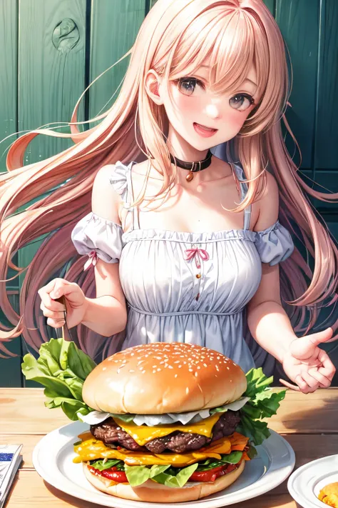 “Craft an illustration in a shoujo manga style, emphasizing emotional expressions and a touch of whimsy. Feature a feminine girl in a cute outfit, eagerly opening her mouth to enjoy a Decuple Hamburger stuffed with fresh lettuce and ten layers of ingredien...