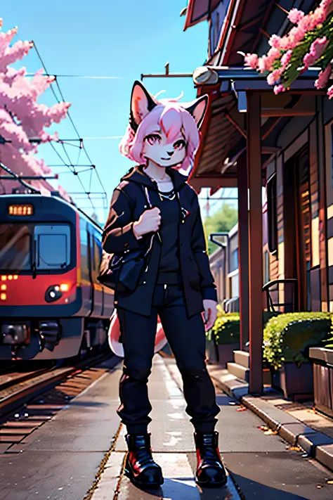 cute little cat girl with white and pink fur on train station with bullet train japaneese castle in background sakura tree