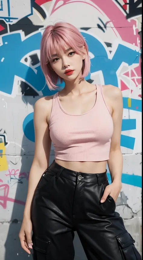 best quality, Clarity, 4k, 8k, detail, actual, Beautiful Girl, Korean makeup, Red lips, pink and blue mullet haircut, Perfect body, thigh, stand, pose standing, medium chest, tank top, black Cargo Box Pants, Solid graffiti wall background, Graffiti art,