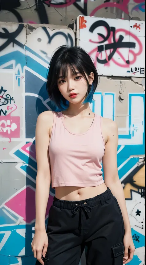 best quality, Clarity, 4k, 8k, detail, actual, Beautiful Girl, Korean makeup, Red lips, pink and blue mullet haircut, Perfect body, thigh, stand, pose standing, medium chest, tank top, black Cargo Box Pants, Solid graffiti wall background, Graffiti art,