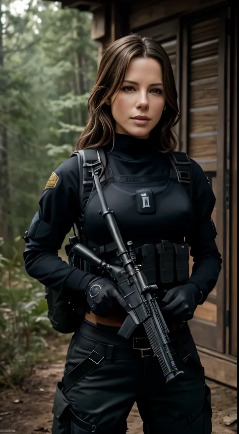 Foto hiperrealista en primer plano de Kate Beckinsale, masterpiece, best quality, (photorealistic:1.4), beautiful woman, skinny, small breasts, straight brown hair, detailed face, smile, photo taken from a distance, age 25 tears old, Special forces uniform...