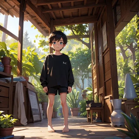 a little boy, virgin forest, black shirt, black shorts, barefoot, 