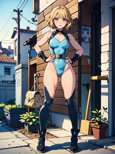 (((pixel-perfect, detail-perfect))), 1girl, medium breasts, (leotard, highleg leotard, light blue leotard), (lighting bolt emblem on chest), bare legs, (tight belt), boots, matching boots, gloves, city backdrop, solo, single, hands on hip, standing, full b...