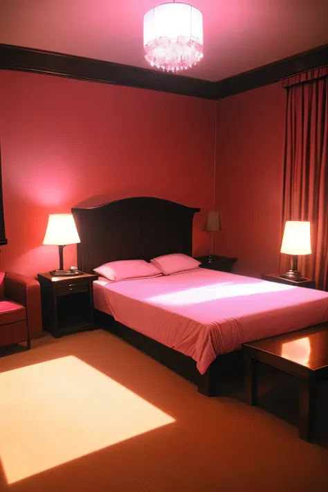 Love hotel, large bed, dimly lit room, seedy atmosphere, pink room, deserted, masterpiece, landscape, photo