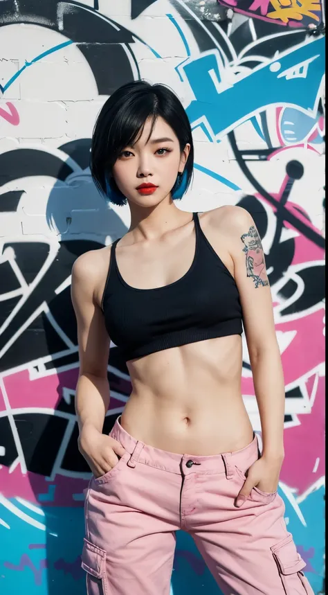 best quality, Clarity, 4k, 8k, detail, actual, Beautiful Girl, Korean makeup, Red lips, pink and blue mullet haircut, Perfect body, full yakuza tattoo arm, thigh, stand, pose standing, medium chest, tank top, black Cargo Box Pants, Solid graffiti wall back...