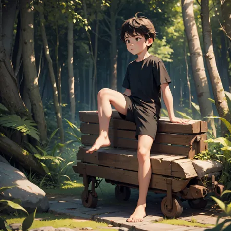 a little boy, virgin forest, black shirt, black shorts, barefoot,