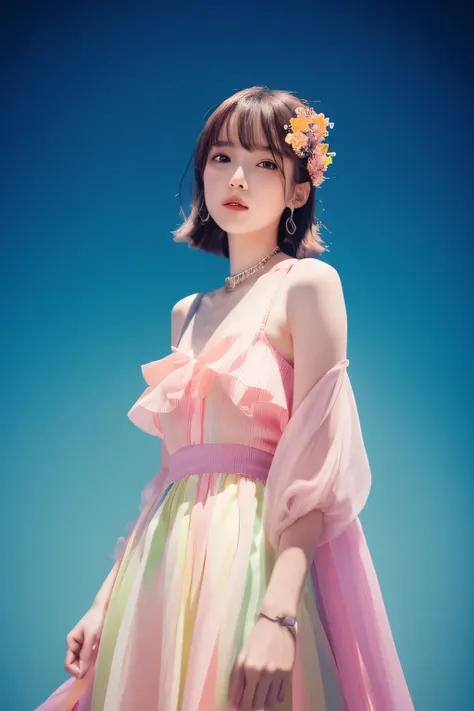 dried flower、Japan Beautiful Girls。Produces high-quality female images with an innovative artistic atmosphere that stands out in pastel colors。She has her own fashion style、Dressed in glamorous and soft pastel costumes。Against the background of a fantastic...