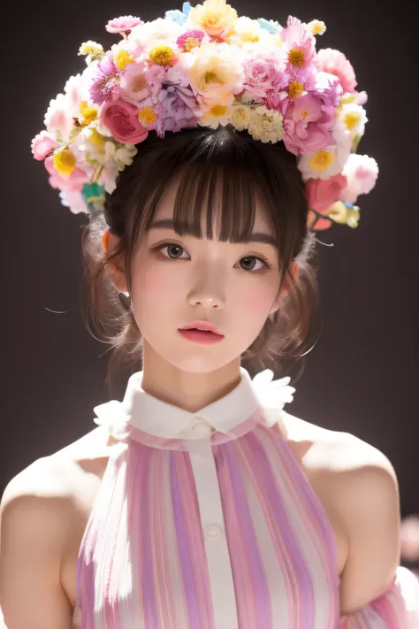 dried flower、Japan Beautiful Girls。Produces high-quality female images with an innovative artistic atmosphere that stands out in pastel colors。She has her own fashion style、Dressed in glamorous and soft pastel costumes。Against the background of a fantastic...