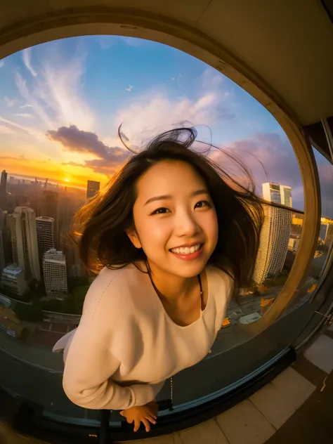 xxmixgirl,1 girl, fisheye, self snap, wind, messy hair, sunset, cityscape, (aesthetics and atmosphere:1.2), gray hair,smile,movi...