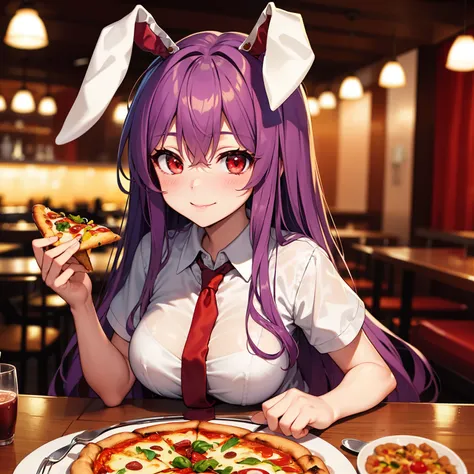 animal_ears, rabbit_ears, red_eyes, purple_hair, necktie, red_necktie, bangs, blush, curly hair, breasts, smile, hair_between_eyes, reisen from touhou,  near pizza, food, restaurant