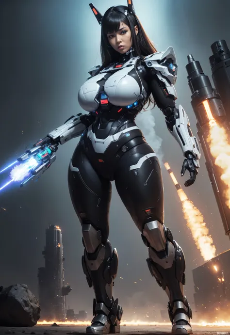 Textured skin, Super Detail, high details, High quality, Best Quality, hight resolution, 1080p, hard disk, Beautiful,(cyborgs),(Missiles from the chest),(Machine gun from both hands), (BLACK WOMAN:1.5), beautiful cyborg woman,Mecha Cyborg Girl,Battle Mode,...