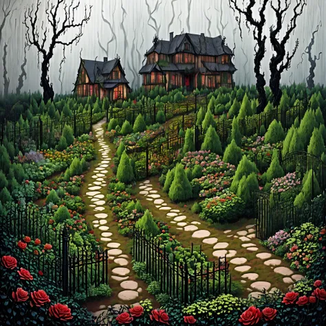 Gloomy garden, infernal garden, nightmarish garden, flower garden, flowers, gloomy colors, roots, flowers from hell, blood, horrors, hell, garden jungle, vines, flowers, beautiful flowers, darkness, horror, bloody vegetation, infernal vegetation, blades, t...