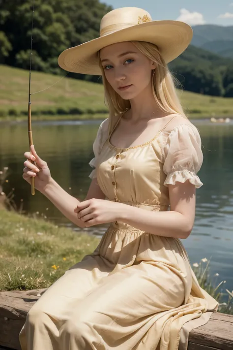 blonde woman with clear blue eyes, wearing a day hat, twenty years, saoirse ronan, with jewels, wearing rings, in a peach and gold regency ethreal dress with short sleeves, english princess, happy, 1814, fishing,