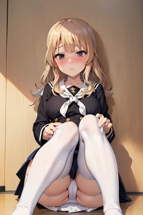 muste piece, best quality, 1 girl,golden hair, (black eye:1.2),((sailor suit))、(((White Thigh Socks)))、((embarrassed expression))、((koukou))、((Photo from below))、(((mini skirt)))、((medium long hair))、((japanese uniform))、((white panties))、((C cup breasts))...