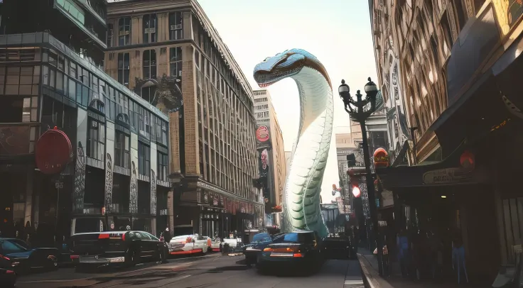 there is a giant dinosaur statue in the middle of a city street, Cobra gigante, Cobra gigante castle, cobra, cobra art, cobra grande, giant coiled snake machine, cobra, coiled realistic cobras, an amalgamation of a snake, criatura tubular, ((supersaturado)...