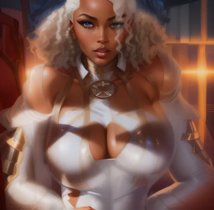 a close up of a woman in a white suit with a big breast, portrait of ororo munroe, x-men storm, doja cat as cat woman, hyperrealistic image of x, close up bust shot, doja cat, closeup shot, by Eve Ryder, mid closeup, barbara hammer 4 k, vixen, by Wayne Eng...