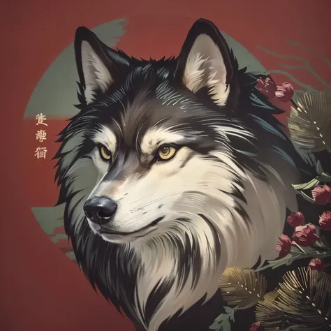 Realistic, masterpiece, Very Realistic, a close up of a white and grey wolf with a red background and a full moon, japanese art style, chinese painting style, best background, best lightning, masterpiece