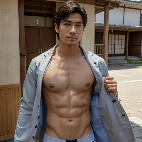 Homem bonito, Japanese, magro, cavanhaque, na cidade, roupa de academia