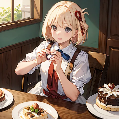 cute　highest quality　masterpiece　Normal five fingers、Eyes are hearts　Lustrous hair maid café clerk、A wide variety of desserts on top of the table