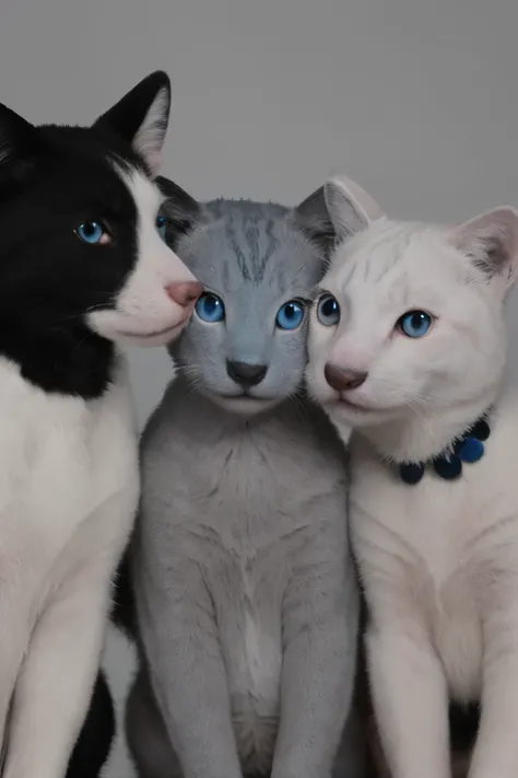 Gere uma imagem de 3 gatinhos:
- the first is all light gray and has blue eyes - the second has black and white spots and a black snout - the third has black and white spots and a pink snout