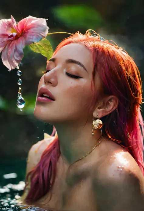 mspuiyi, 1girl, solo, long hair, breasts, holding, jewelry, closed eyes, pink hair, flower, nude, earrings, water, blurry, lips,...