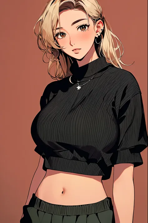 woman, cropped-fc,  huge breasts,, btpt-fc, cropped sweater, midriff, sweater, 1girl, detailed face, hanging laterns, illustrate...