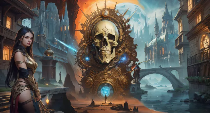 there is a woman standing in front of a clock with a skull on it, epic fantasy sci fi illustration, 4k highly detailed digital art, fantasy skull, 4k detailed digital art, 4k fantasy art, detailed digital 2d fantasy art, symmetrical epic fantasy art, mohrb...