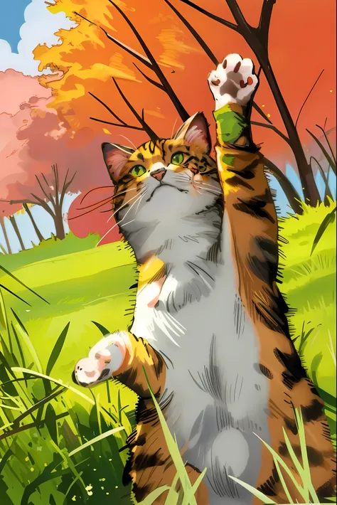 there is a cat that is standing up in the grass, in an action pose, doing a majestic pose, with arms up, cat is floating in air, photo of a cat, doing a sassy pose, reaching for the sky, reaching towards the heavens, playful pose, doing an elegant pose, on...