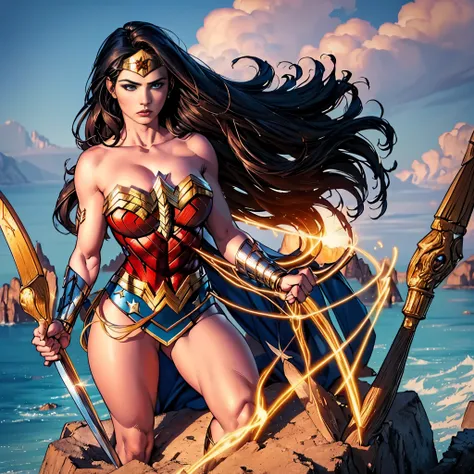 A masterpiece of Wonder Woman reamagined , beautiful detailed face, strong and confident pose, glowing golden lasso , fierce warrior outfit, graceful movements  , heroic background,amazing strength,powerful stance,heroic scales,warrior princess,majestic ar...