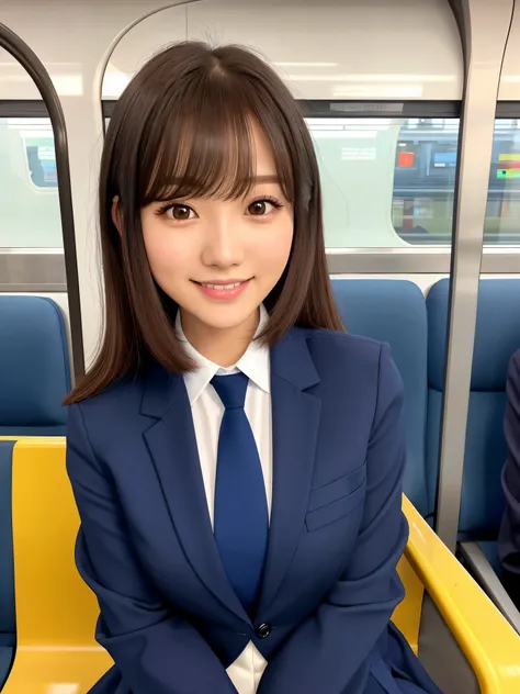 product quality, 1girl, upper body shot, front view, a Japanese young pretty girl, long bob hair, sitting on a seat in a train alone with a big smile in the morning, glamorous figure, wearing a dark blue blazer over a white collared silky satin shirt, shin...