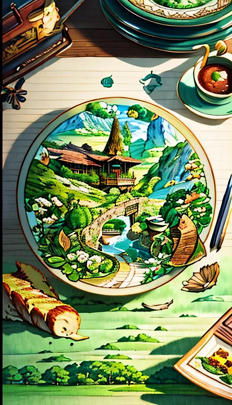 There is a picture of a plate with some landscape scenes in it, some food on the plate, vignettes, detailed 2D illustrations, detailed fan art, higher detailed illustrations, detailed digital drawings, portfolio illustrations, detailed digital illustration...