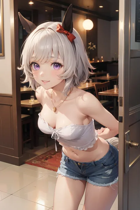 curren chan (umamusume), anime girl with long white hair and purple eyes posing in a hallway, restaurant door, expensive restaurant, seductive anime girl, small curvy , perfect white haired girl, attractive anime girl, beautiful anime girl, cute anime girl...