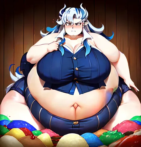 masterpiece, ((best quality)), ((Very Detailed) ,1boy, neuvillette as a Sumo Wrestler:1.3, long hair,(( multicolored hair)), white and blue hair,  Styled in a bun, Beautiful face and Eyes:1.4, (( background: Candyland)),(high_aesthetic), Ussbbw!! ,((Wide H...