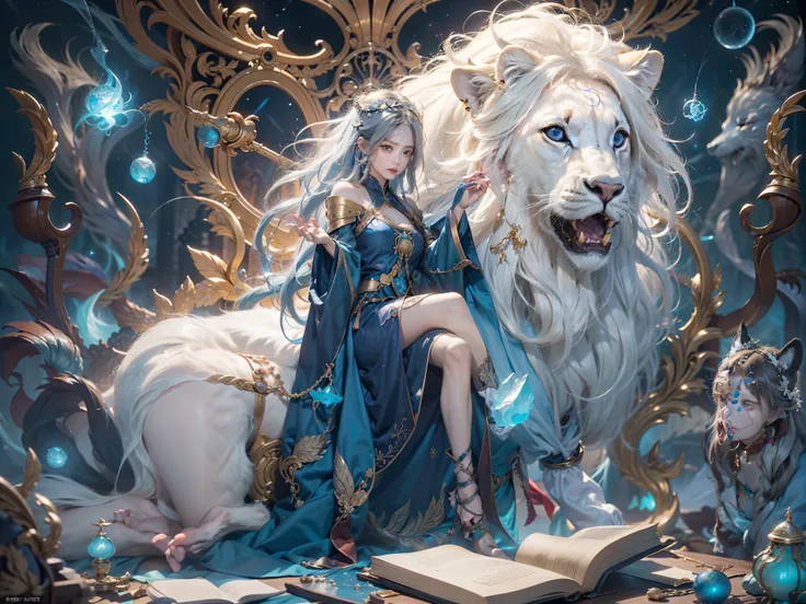 The crystal castle sealed by the magic book,Blood,night, dark, (fantasy),infinitude,dark blue sky,The abyss of knowledge,Cowlic,((on the table)), (((best quality))),((beautiful fine eyes)),(eyelash)、Beautiful girl rides huge white lion，Wear armor、(1 girl)、...