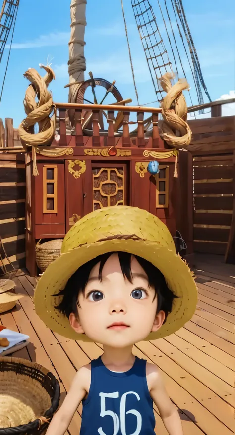 Real life adaption of this character , The handsome face of a little boy, realistic same hair , wear realistic Straw hat, (realistic same outfit), realistic background , realistic light, realistic shadow, realism, hyper realistic,(photorealistic:1.2), norm...