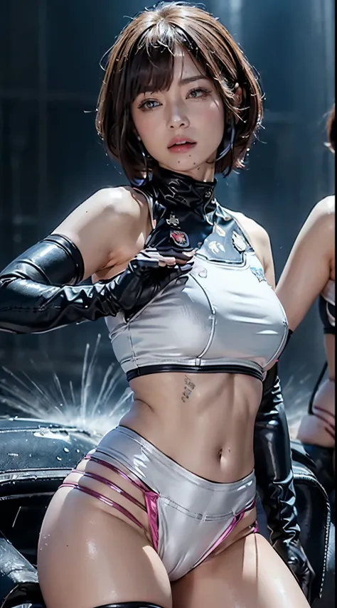 (Top Quality, Ultra High Definition, Photorealistic:1.4), (cowboy shot:1), 2 Beautiful Girls, (Kpop Idol), Detailed Face, (Hair Style: Pink:1, fullbang, shortbob-style:1), 2 girls, political posing, hugging,  seductive expression, Contrapposto, Perfect Ana...