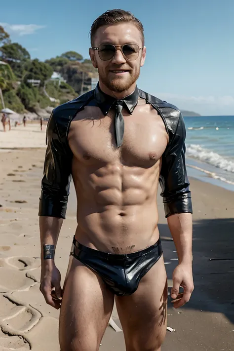 conor mcgregor smiling in shades, in tight shiny leather speedos, manspread on the beach.