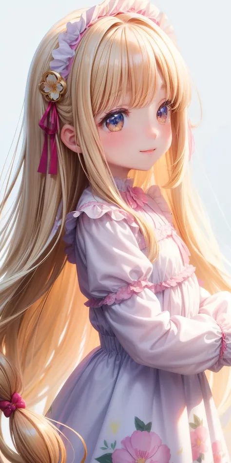 girl、white background、no background、blonde、long hair、straight long hair、Contrasting bangs、Eyes are sparkling、highlight、floral dress、pink floral long sleeve dress、frills、profile、April、Frontal Face、look straight at me、blush、smile、cute、no background