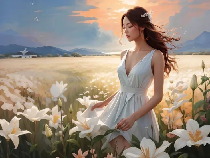 pintura de uma mulher de vestido branco caminhando por um campo de flores, por Yang J, por Li Song, uma deusa em um campo de flores, por Xie Sun, bela arte uhd 4k, a beautiful art illustration, elegante pintura digital, linda arte digital, linda pintura di...