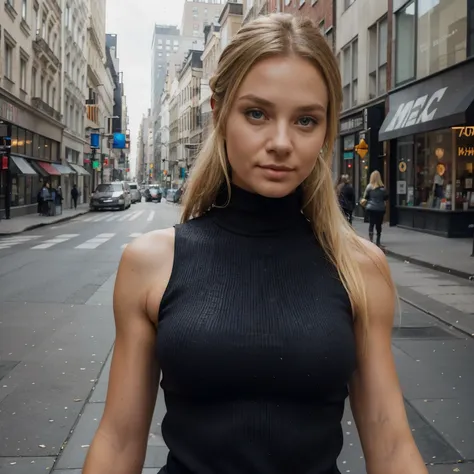 (Meisterwerk, best quality), Beautiful woman, Detailed sleeveless turtleneck top, Hose, Blonde Frau, perfect body, Halskette, welliges Haar, perfektes Gesicht, pretty face, Verlockend, big beautiful eyes, Happy, (Draussen), City streets, New York, helle Fa...