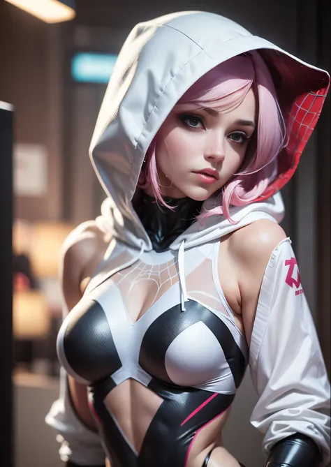 a close up of a woman with pink hair wearing a white hoodie, spider gwen, spider - gwen, spider-gwen, wearing white silk hood, m...