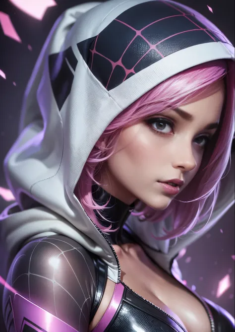 a close up of a woman with pink hair wearing a white hoodie, spider gwen, spider - gwen, spider-gwen, wearing white silk hood, maya ali as a cyber sorceress, in spandex suit, amouranth as a super villain, ( ( spiderwoman ) ), clothed in hooded, shiny white...