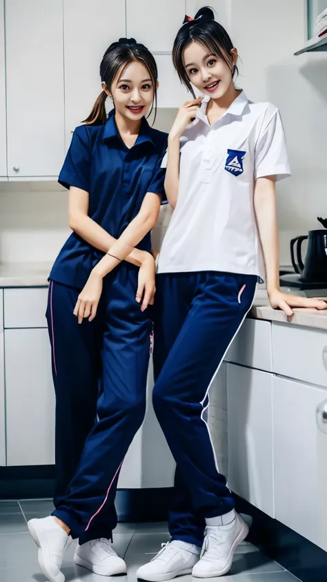 2 girls in the kitchen, Navy blue short-sleeved shirt,Navy Long Trackpant,Sweatpants, Sweatpantsขายาว,25 year old girl, lesbian, sexy, exercise clothes