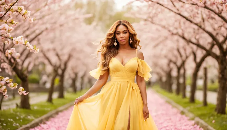 (fotografia de alta qualidade), beautiful young lady (beyonce), (27 anos), long yellow dress in pastel tones, o corpo cercado de flores de cerejeiras, standing and posing fantasy in cherry blossom garden, desfoque de profundidade, bokeh, 300 DPI, atmosfera...