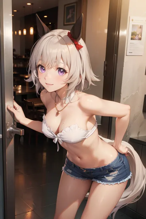 curren chan (umamusume), anime girl with long white hair and purple eyes posing in a hallway, restaurant door, expensive restaurant, seductive anime girl, small curvy , perfect white haired girl, attractive anime girl, beautiful anime girl, cute anime girl...