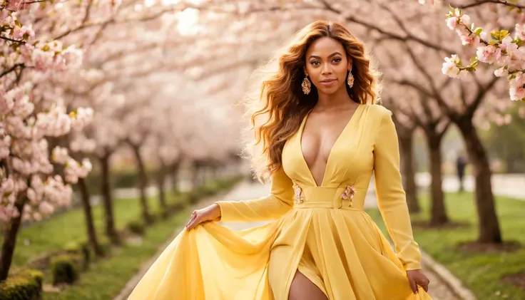 (fotografia de alta qualidade), beautiful young lady (beyonce), (27 anos), long yellow dress in pastel tones, o corpo cercado de flores de cerejeiras, standing and posing fantasy in cherry blossom garden, desfoque de profundidade, bokeh, 300 DPI, atmosfera...