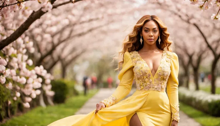 (fotografia de alta qualidade), beautiful young lady (beyonce), (27 anos), long yellow dress in pastel tones, o corpo cercado de flores de cerejeiras, standing and posing fantasy in cherry blossom garden, desfoque de profundidade, bokeh, 300 DPI, atmosfera...