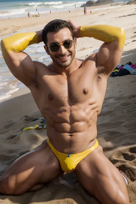 muscle austin aries smiling in shades, thick eyebrows, in yellow leather speedos, manspred on the beach. hands over head.